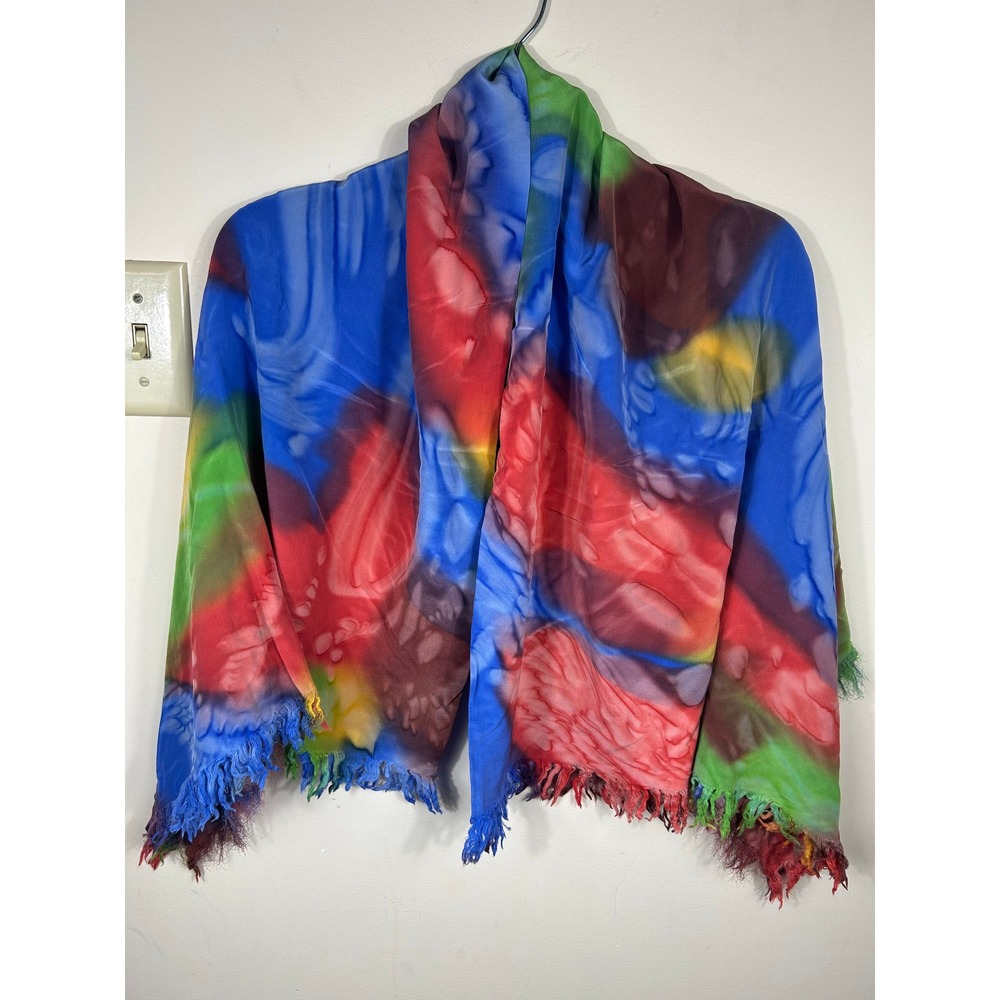Groovy Tie Dye Silk Scarf Rectangular Shawl Wrap BOHO Psychedelic Hippie Fringed